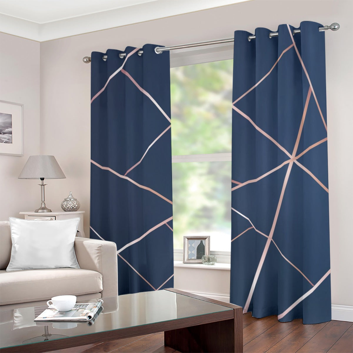 Tenda con occhielli blu scuro con linee geometriche color rame, pannello singolo