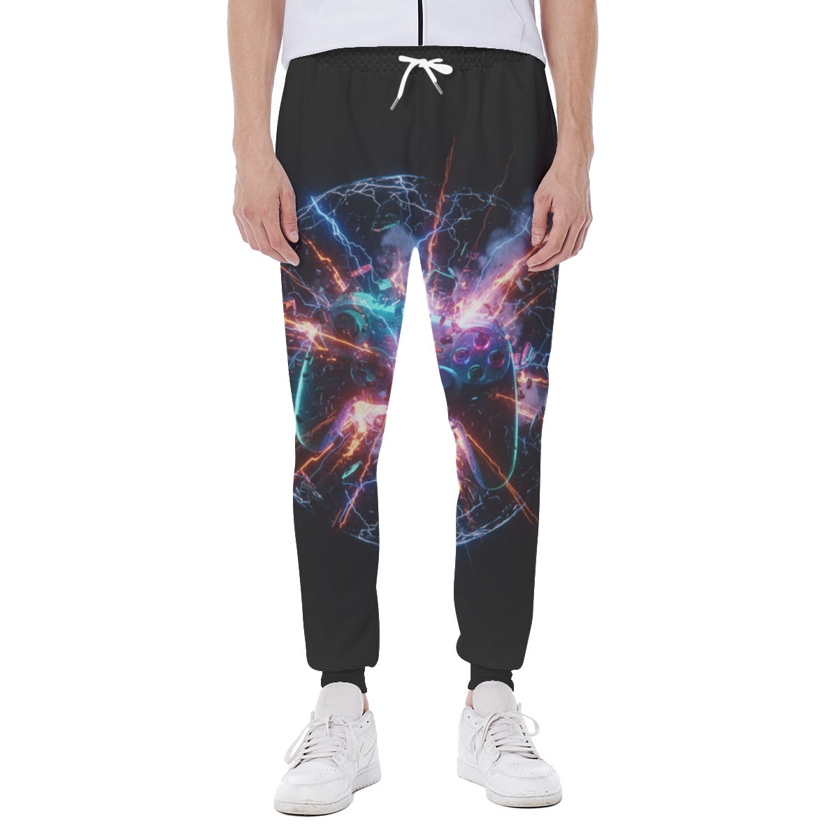 Pantaloni jogger neri con stampa grafica multicolore e coulisse in vita