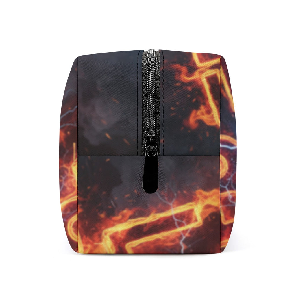 Astuccio cosmetici nero con stampa neon arancione e cerniera centrale