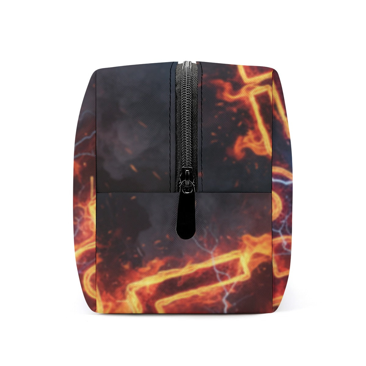 Astuccio cosmetici nero con stampa neon arancione e cerniera centrale