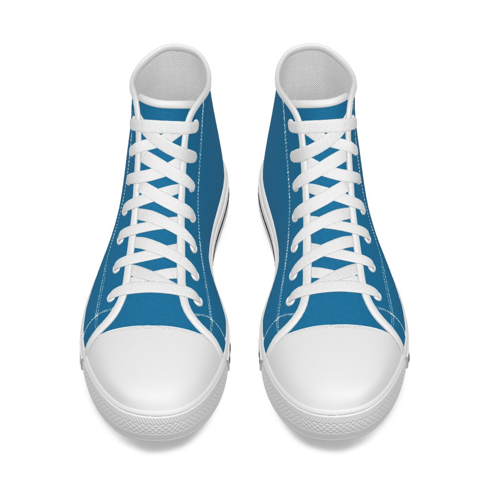 Scarpe alte bambino in tela blu con lacci bianchi e suola grigia