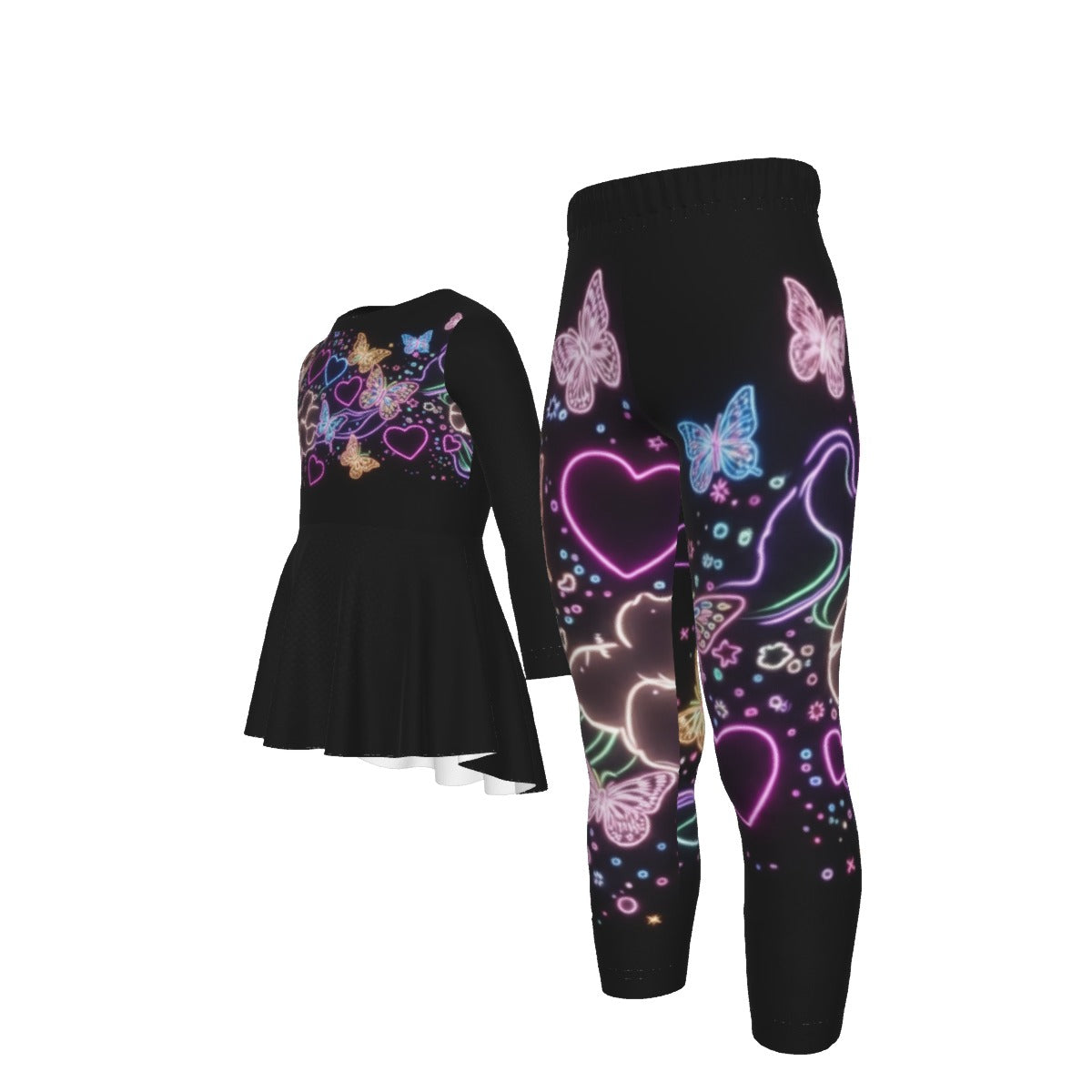 Tuta bimba nera composta da tunica svasata e leggings, stampa neon cuori e farfalle