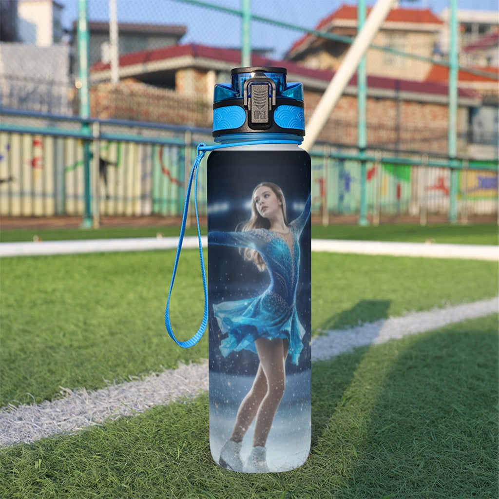 Bottiglia sport acqua 32 oz blu scuro con cappuccio blu, passante, stampa figura femminile