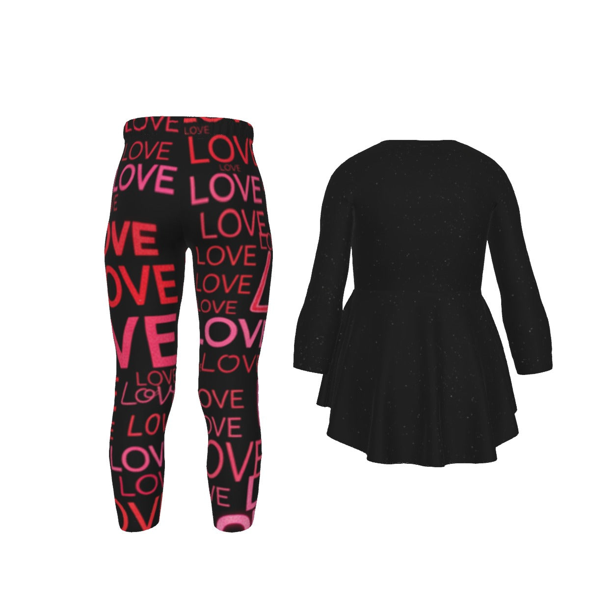 Tuta bambina nera: maglia dietro maniche lunghe svasate e pantaloni con LOVE rosa