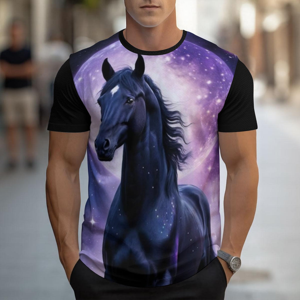 Maglietta da uomo Mod.3 nera con stampa cavallo blu su sfondo viola