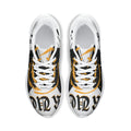 Scarpe da running uomo bianche con dettagli neri e arancioni, stringhe.