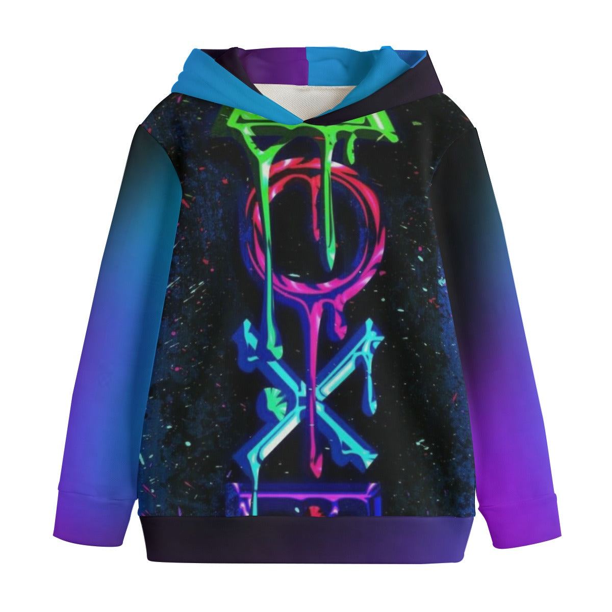 Felpa bambino con cappuccio, stampa neon su fondo nero e inserti viola-blu