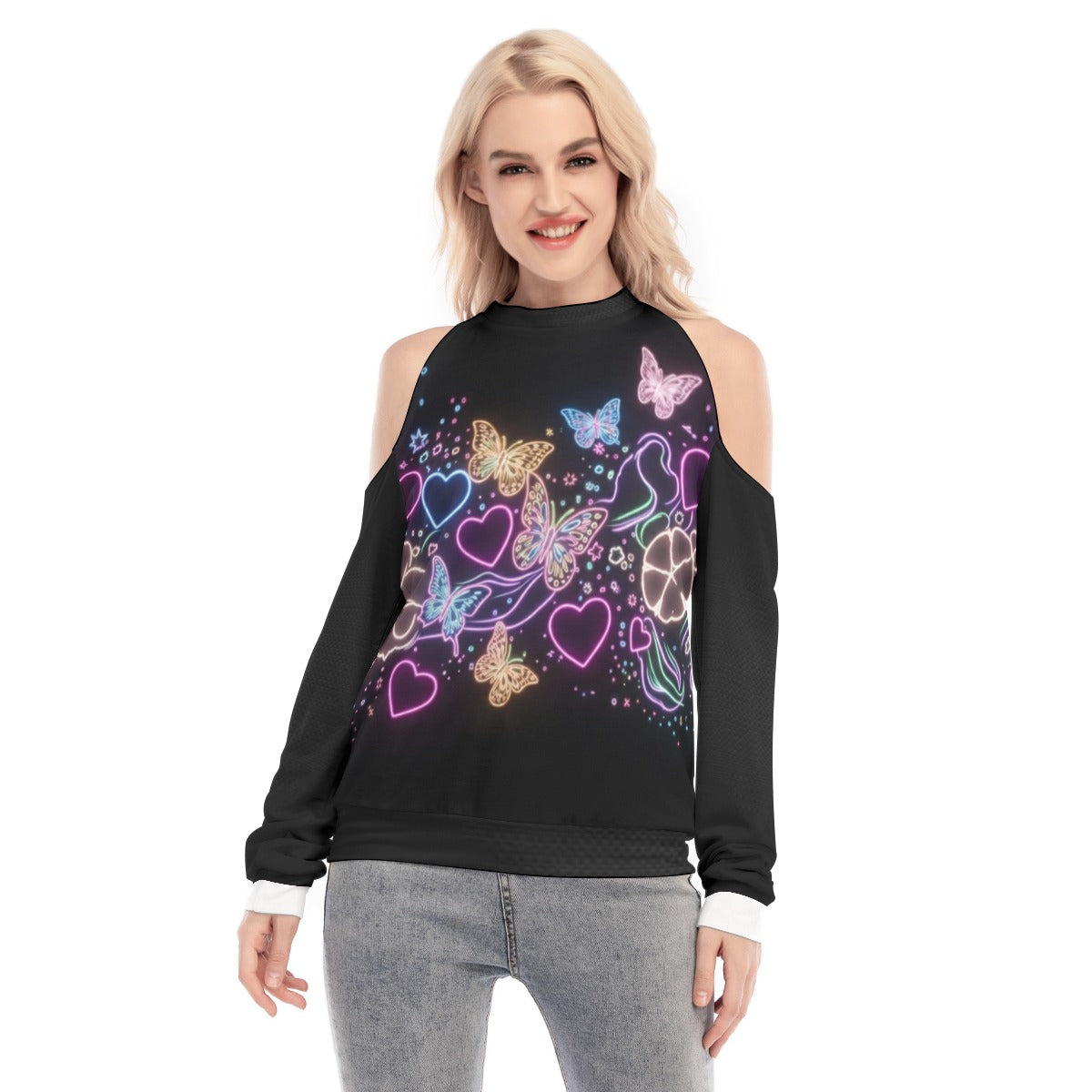 Felpa donna senza spalline nera con maniche lunghe, stampa cuori e farfalle colorate