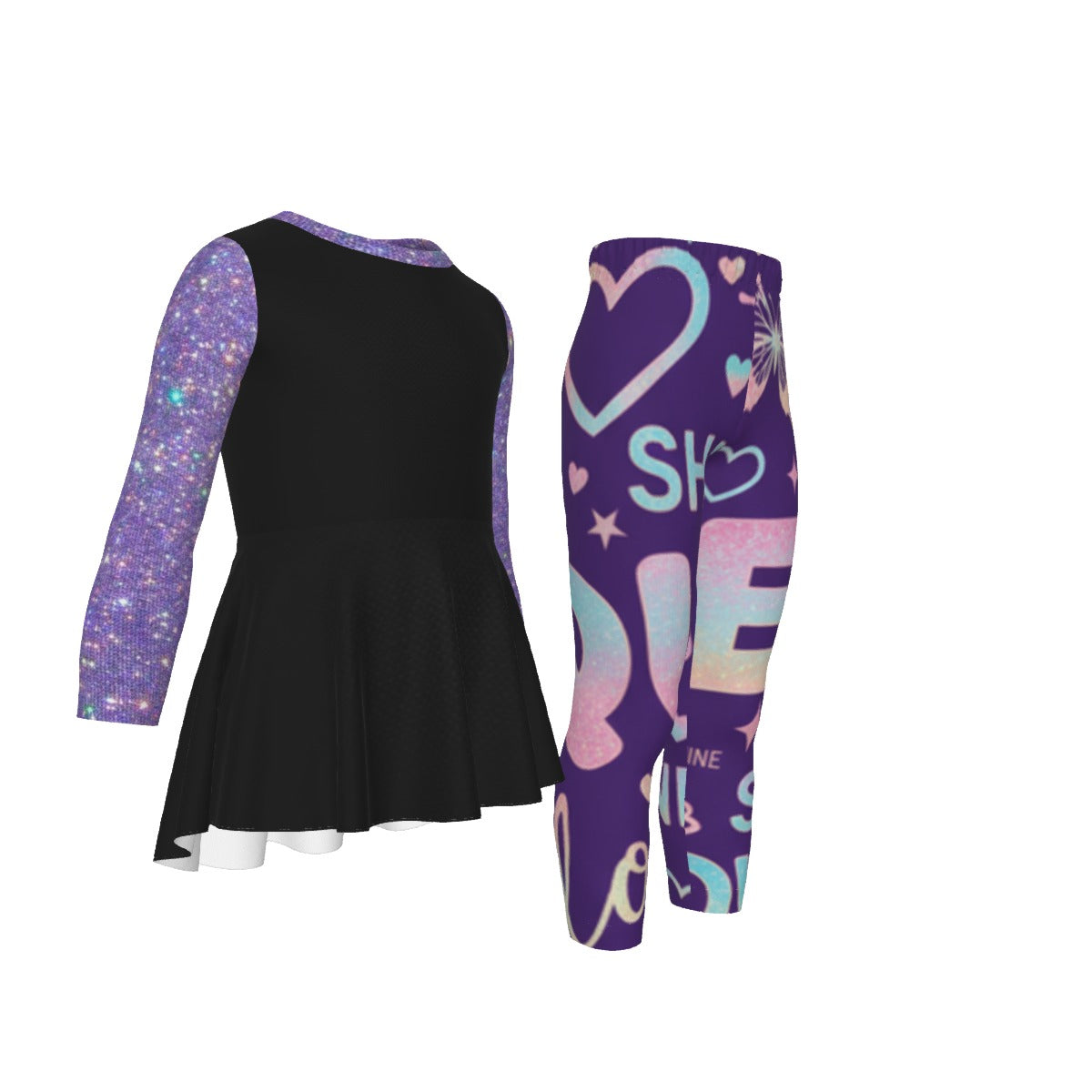 Tuta bambina: vestitino nero manica viola glitter e leggings viola con stampa