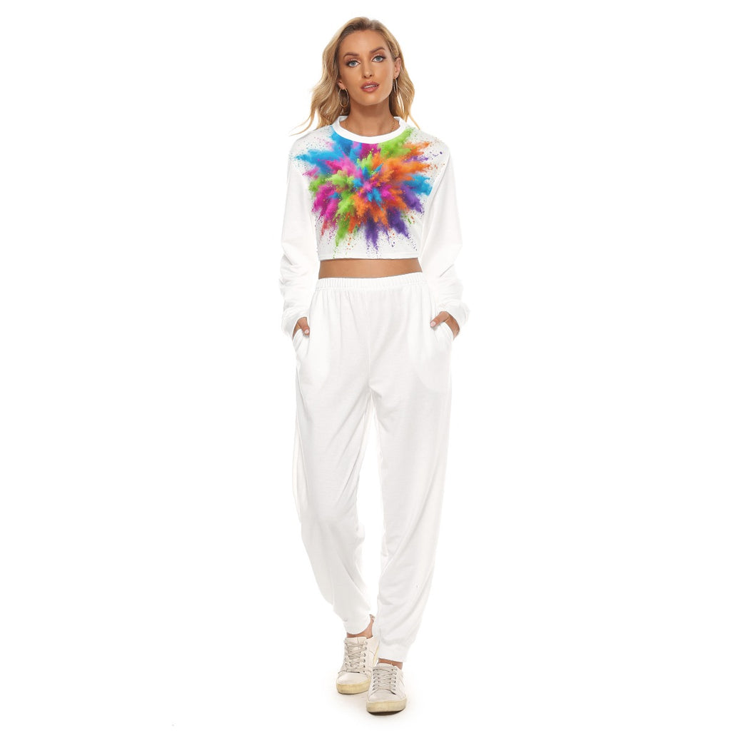 Tuta donna bianca: top cropped a maniche lunghe con stampa tie-dye multicolor