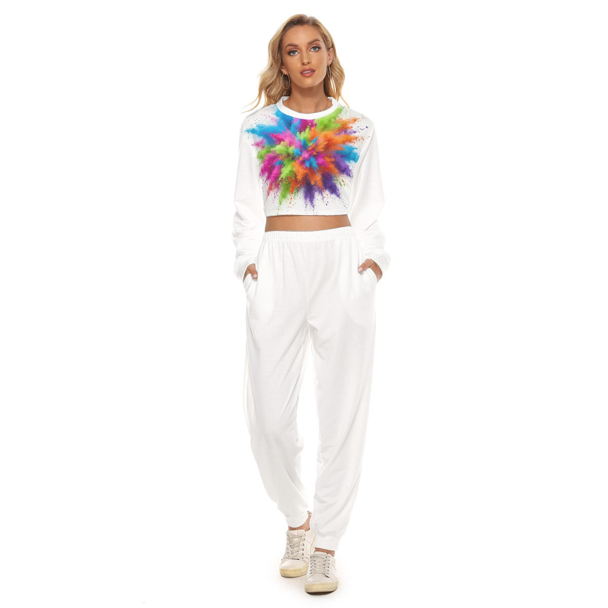 Tuta donna bianca: top cropped a maniche lunghe con stampa tie-dye multicolor