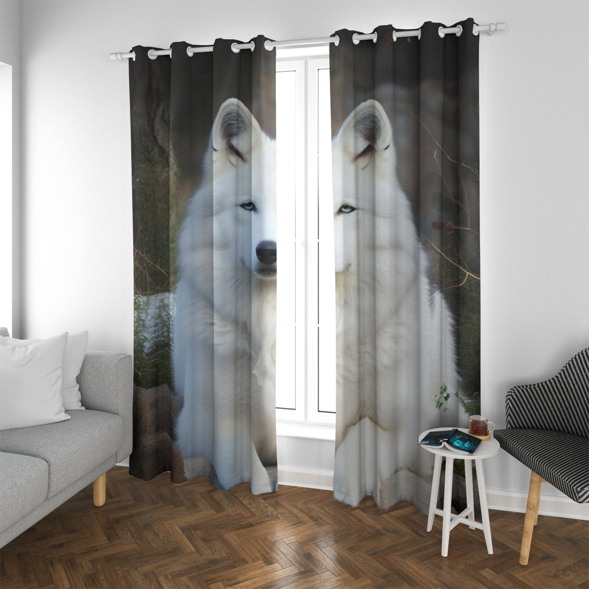 Tenda a occhielli con stampa lupo bianco, due pannelli scuri e motivo animale