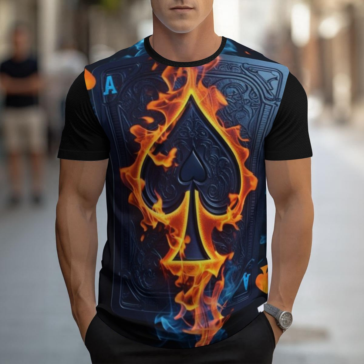 Maglietta uomo nera con stampa frontale grafica fiamme arancioni e blu.