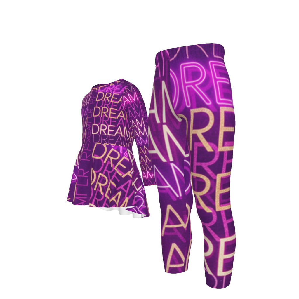 Tuta bambina viola con felpa corta e leggings, motivo grafico DREAM e lettere