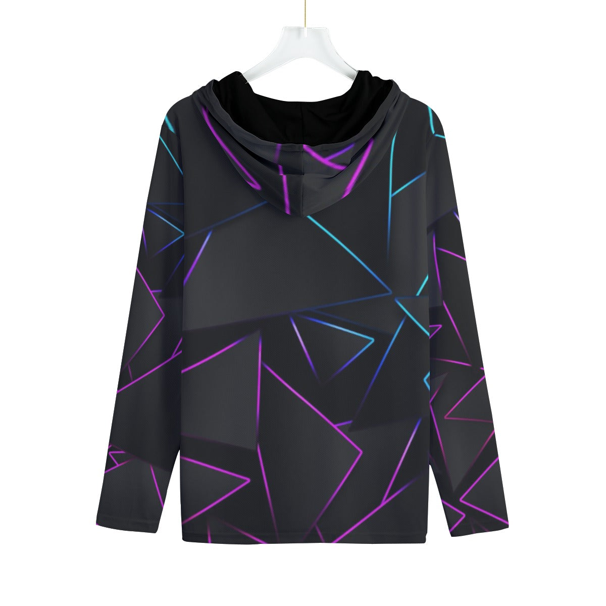Felpa con cappuccio, stampa geometrica neon viola e azzurra su fondo scuro