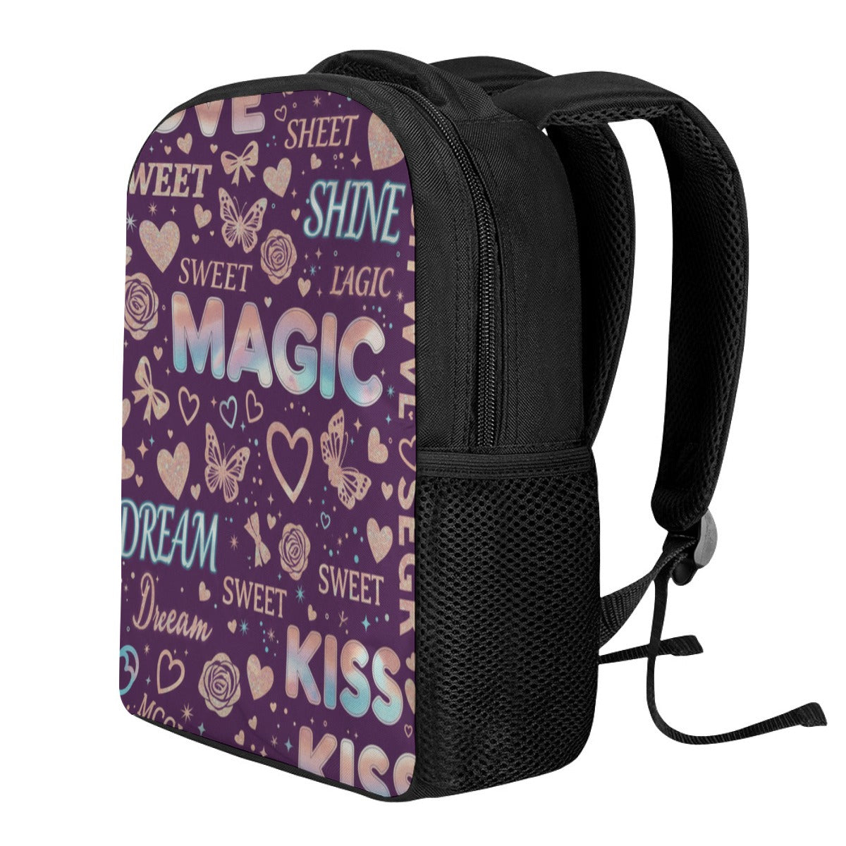 Zaino studentesco nero e viola con stampa “MAGIC” e tasca frontale con zip