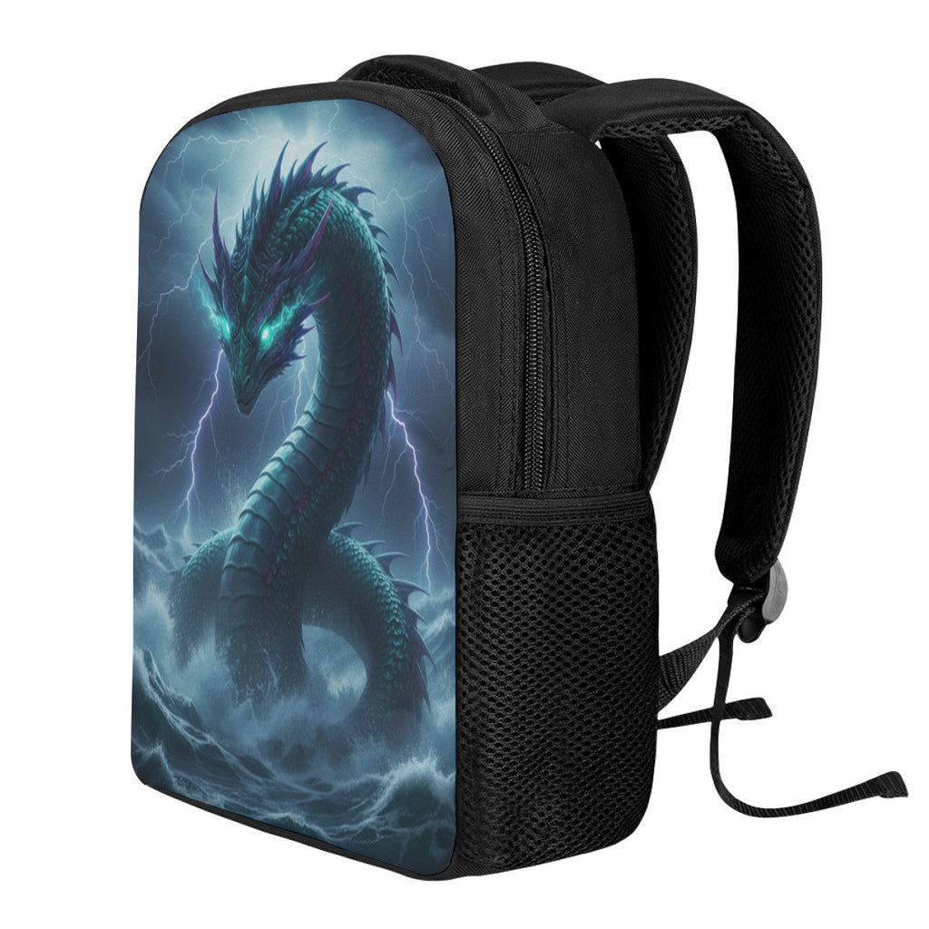 Zaino scolastico nero con scomparto frontale e tasche laterali, grafica drago blu