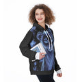 Felpa da donna con cappuccio nera, stampa gatto blu e tasca a marsupio