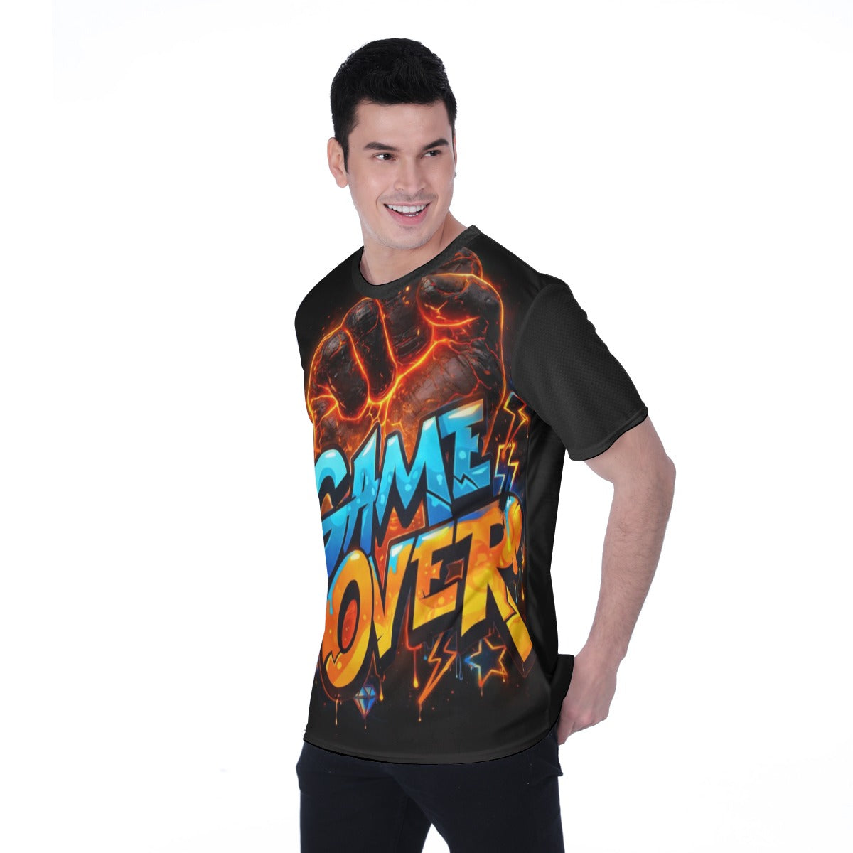 T-shirt nera uomo con stampa “GAME OVER” arancione e blu