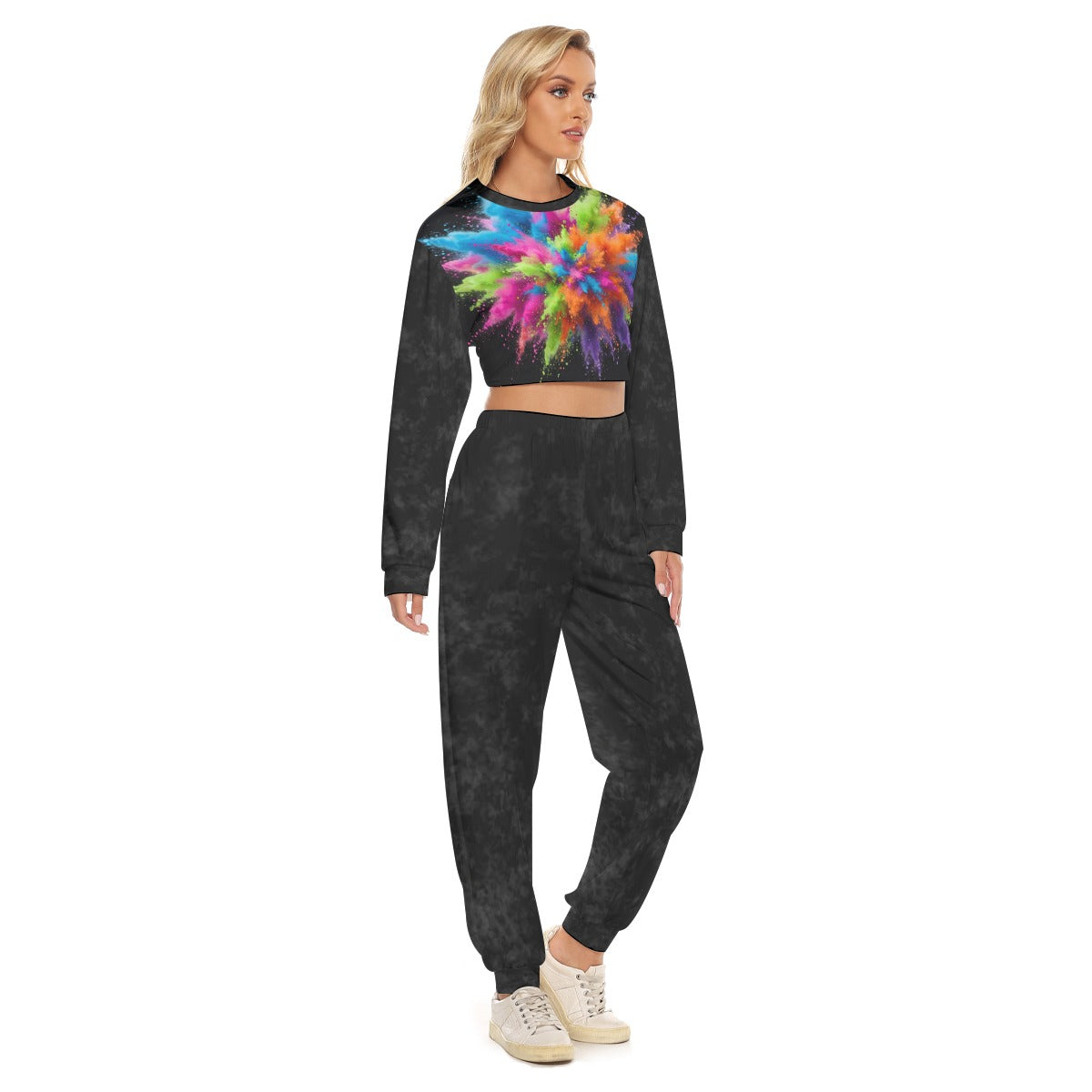 Tuta donna nera con stampa tie-dye colorata sul top e pantaloni jogger