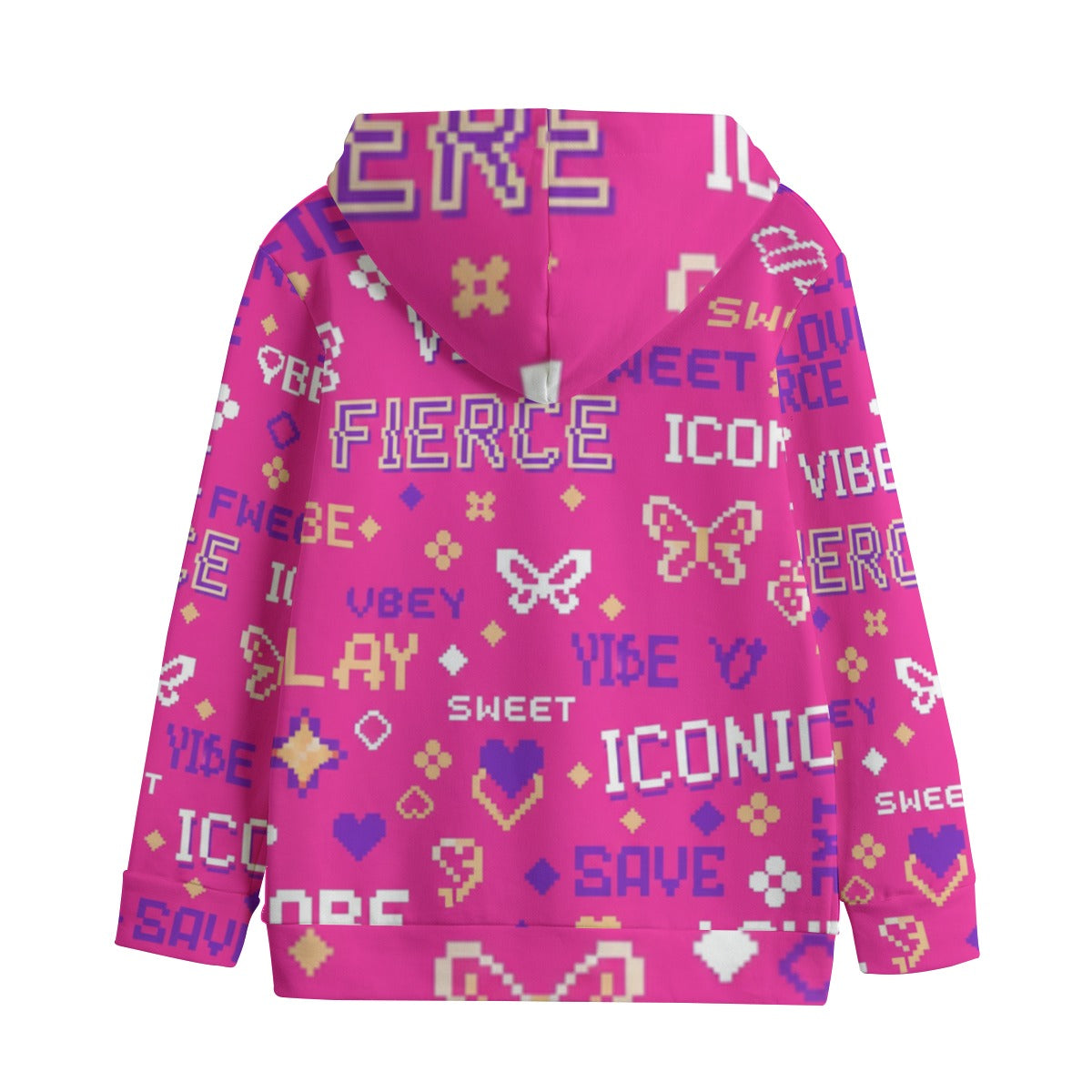 Felpa da bambina rosa fucsia con cappuccio e fantasia pixel multicolore sul retro