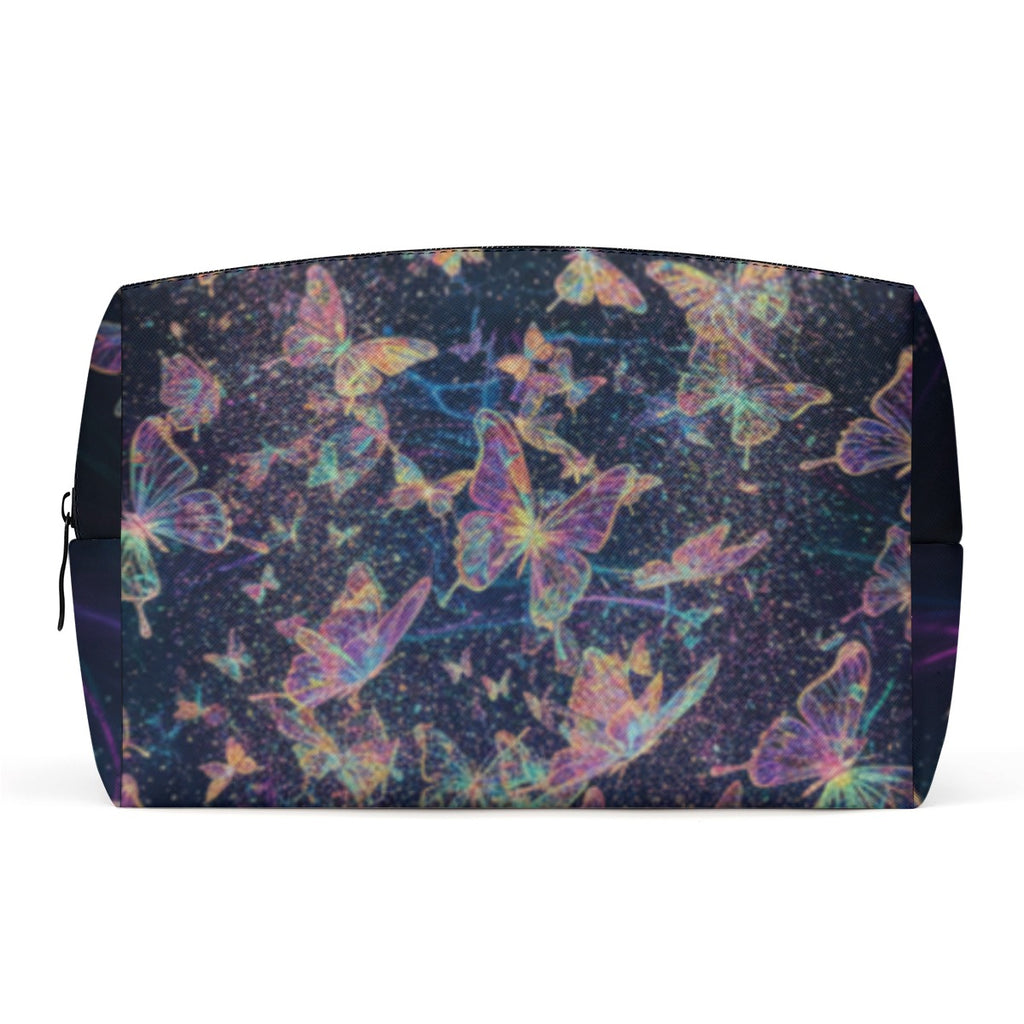 Astuccio cosmetici PU fantasia farfalle colorate con zip frontale e base rettangolare