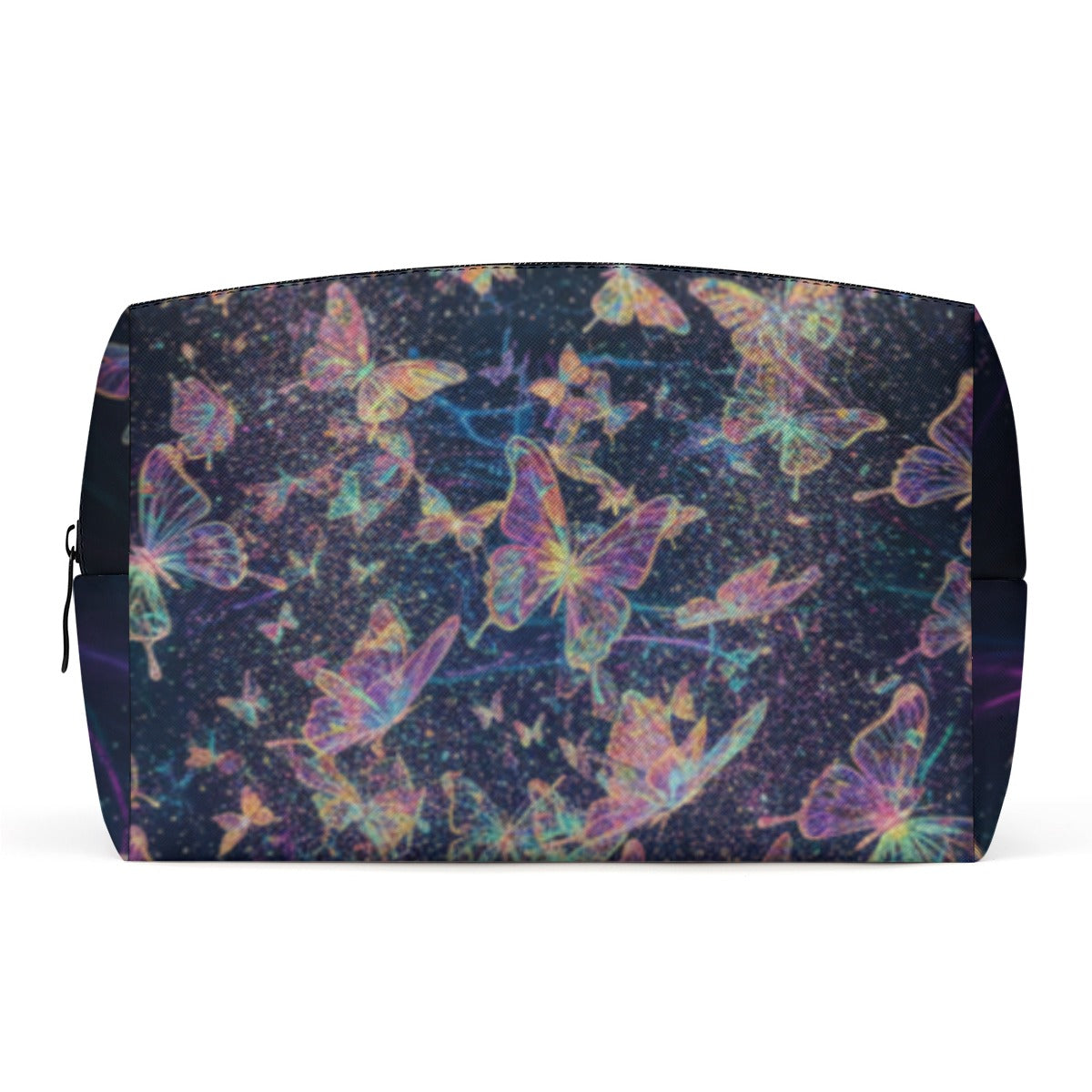 Astuccio cosmetici PU fantasia farfalle colorate con zip frontale e base rettangolare