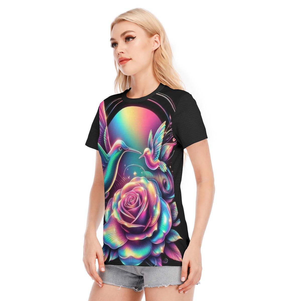 T-shirt donna nera con stampa rosa arcobaleno e colibrì, scollo rotondo