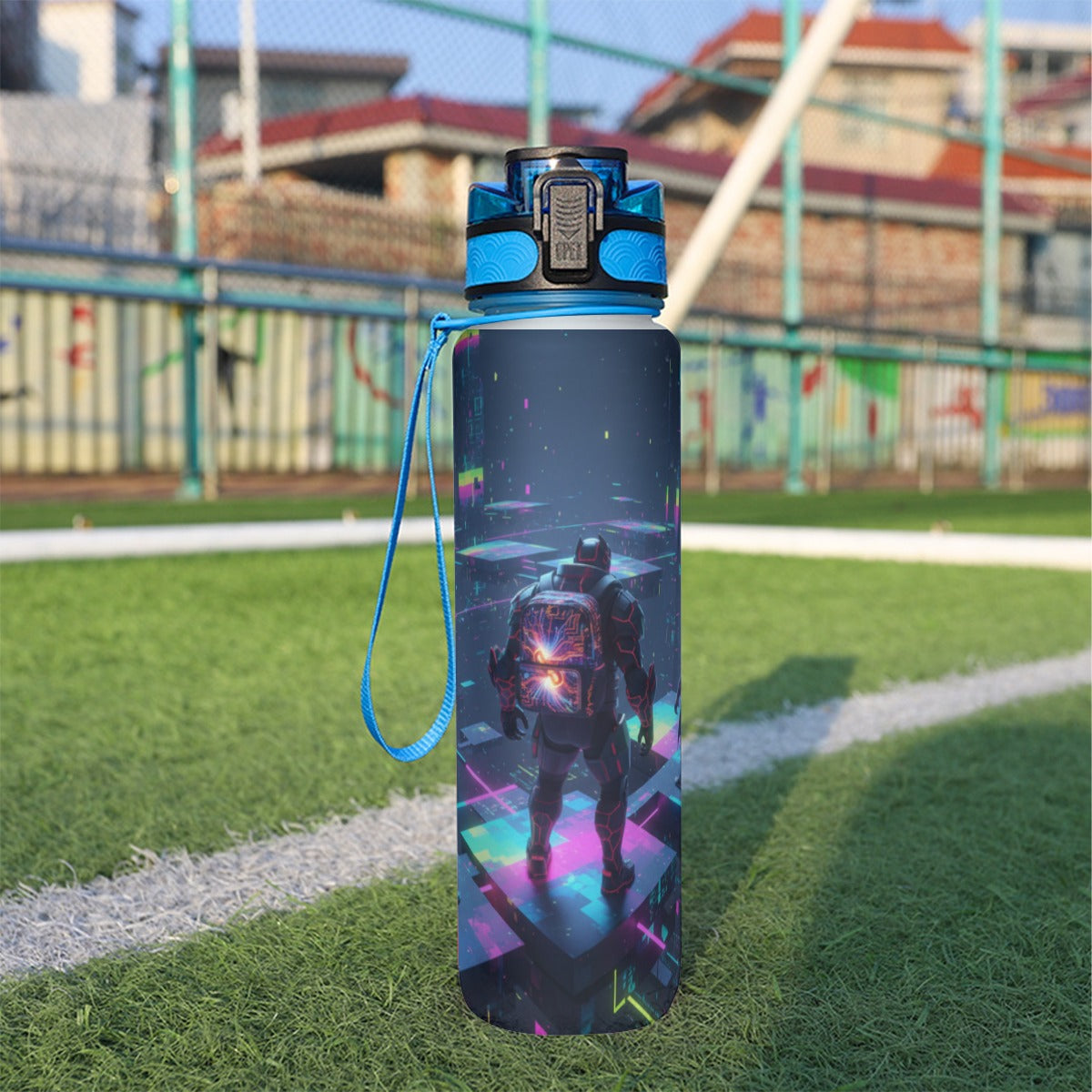 Borraccia sportiva 32oz blu scuro con grafica futuristica, tappo blu e cinturino