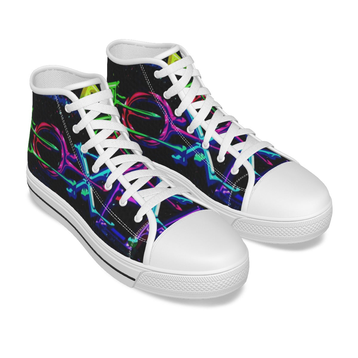 Scarpe alte bimbo in tela nera con stampa neon, lacci bianchi, suola bianca