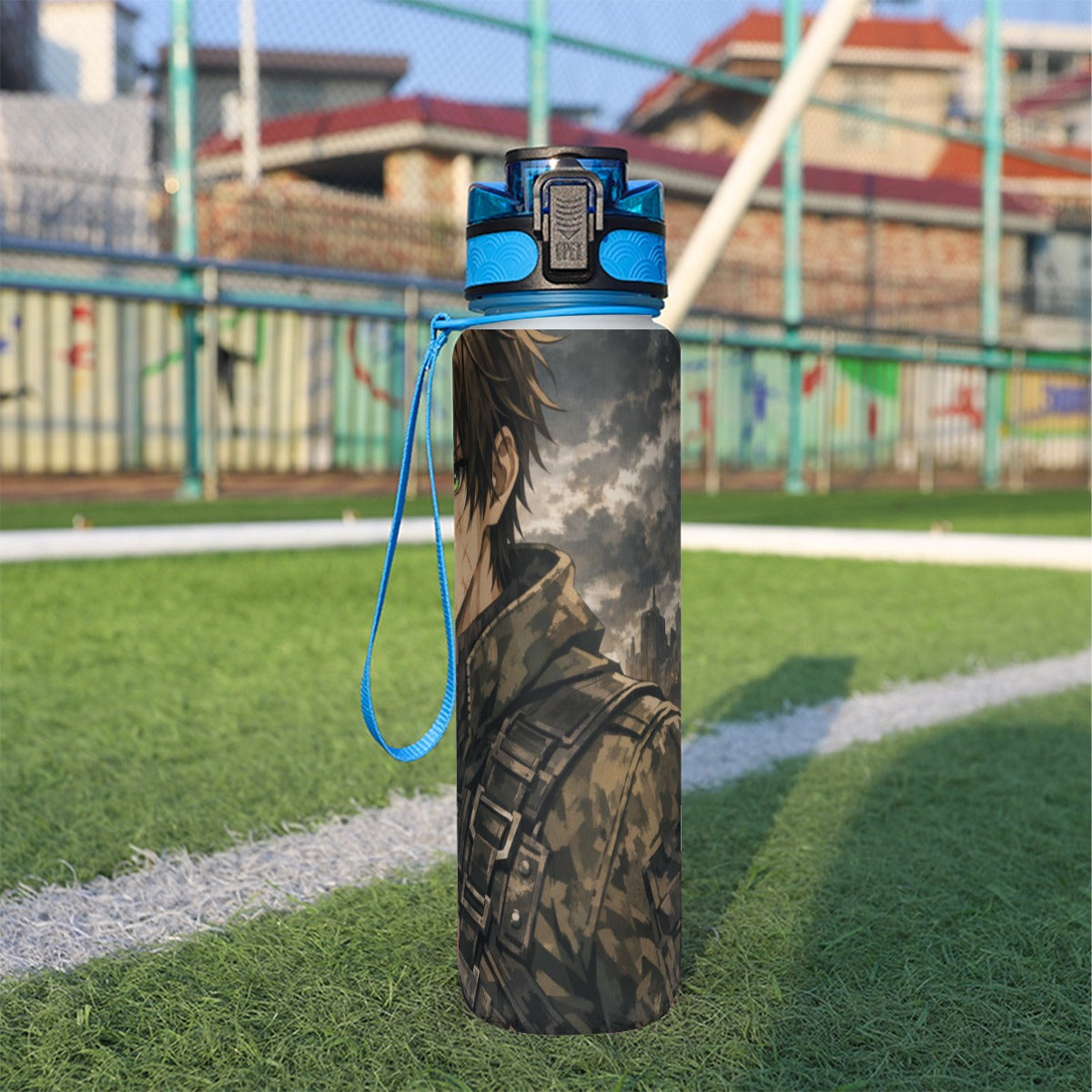 Borraccia sportiva 32 oz con tappo blu e motivo mimetico sul lato