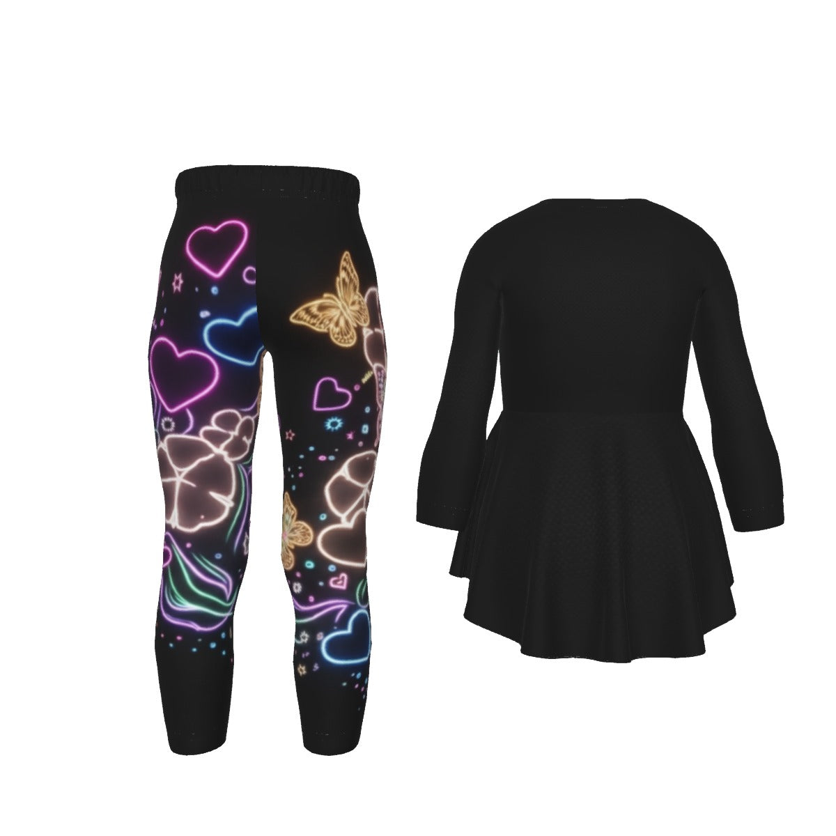 Tuta bimba nera con stampa neon farfalle e cuori, pantaloni aderenti e tunica svasata