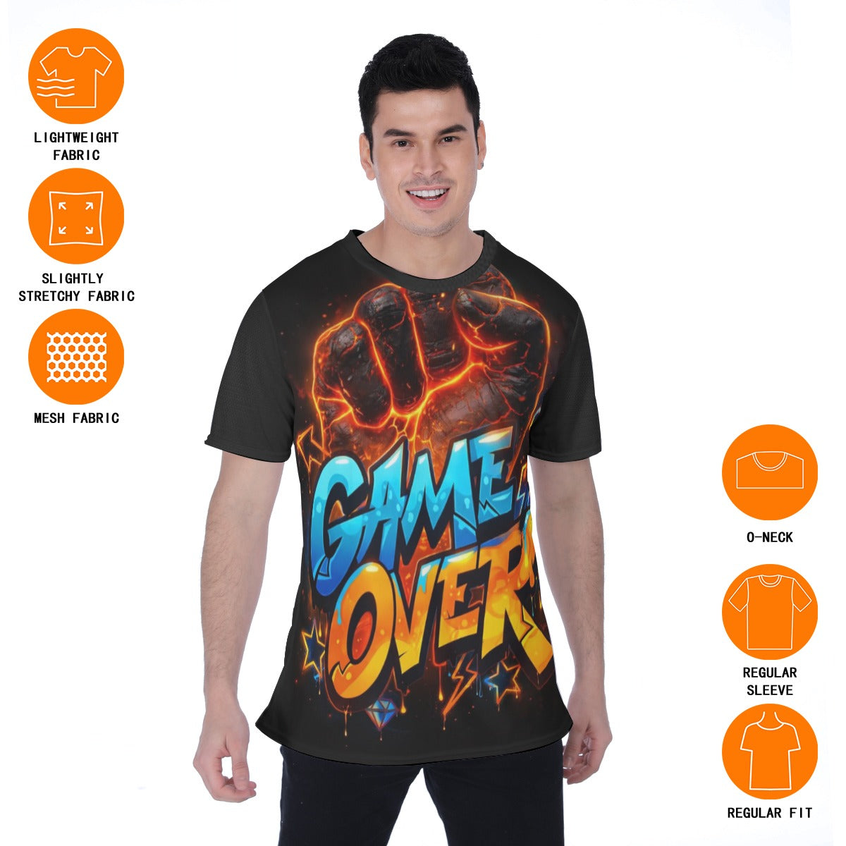 T-shirt nera uomo girocollo con stampa “GAME OVER” arancio/blu; vestibilità regular
