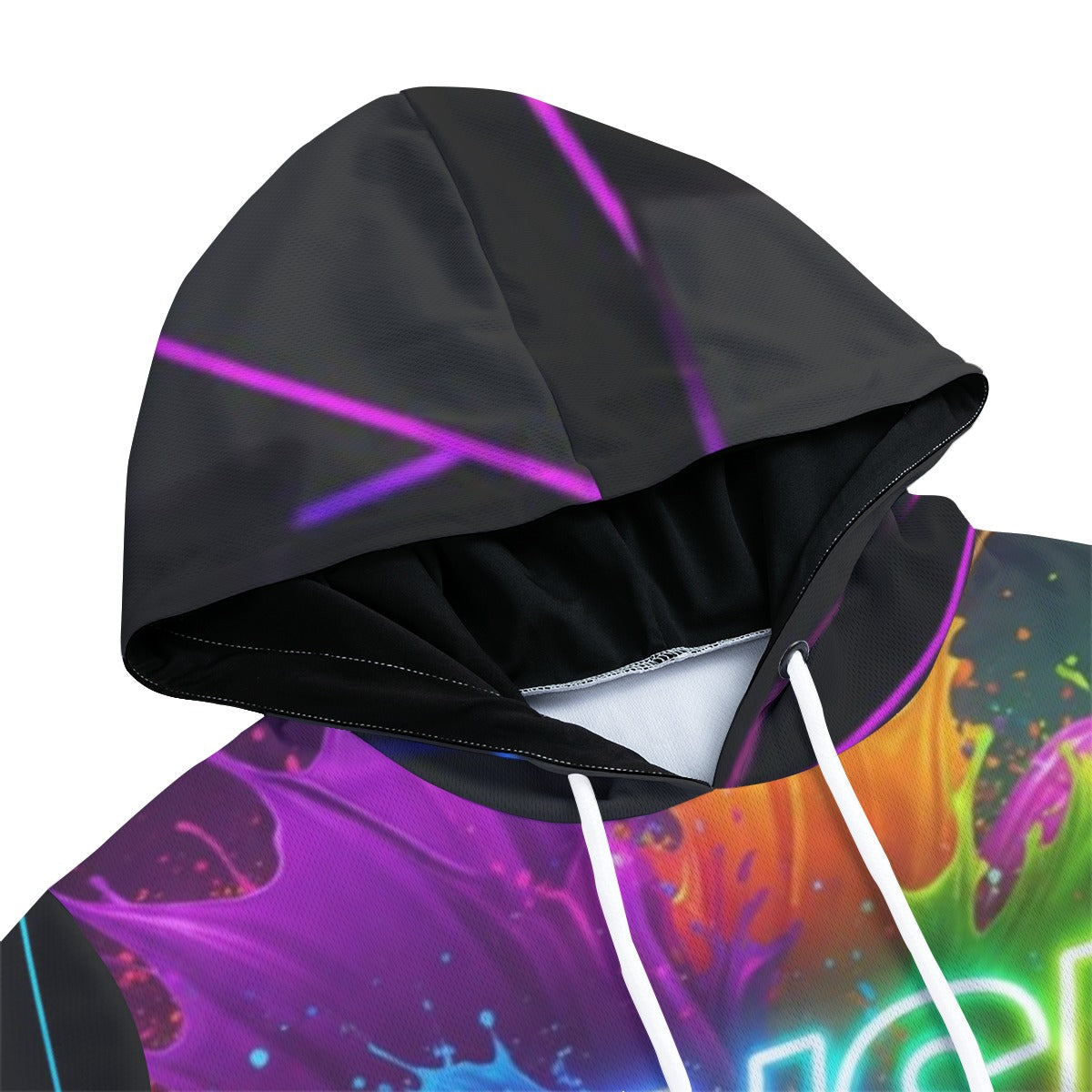 Cappuccio con coulisse e fantasia neon viola su felpa scura