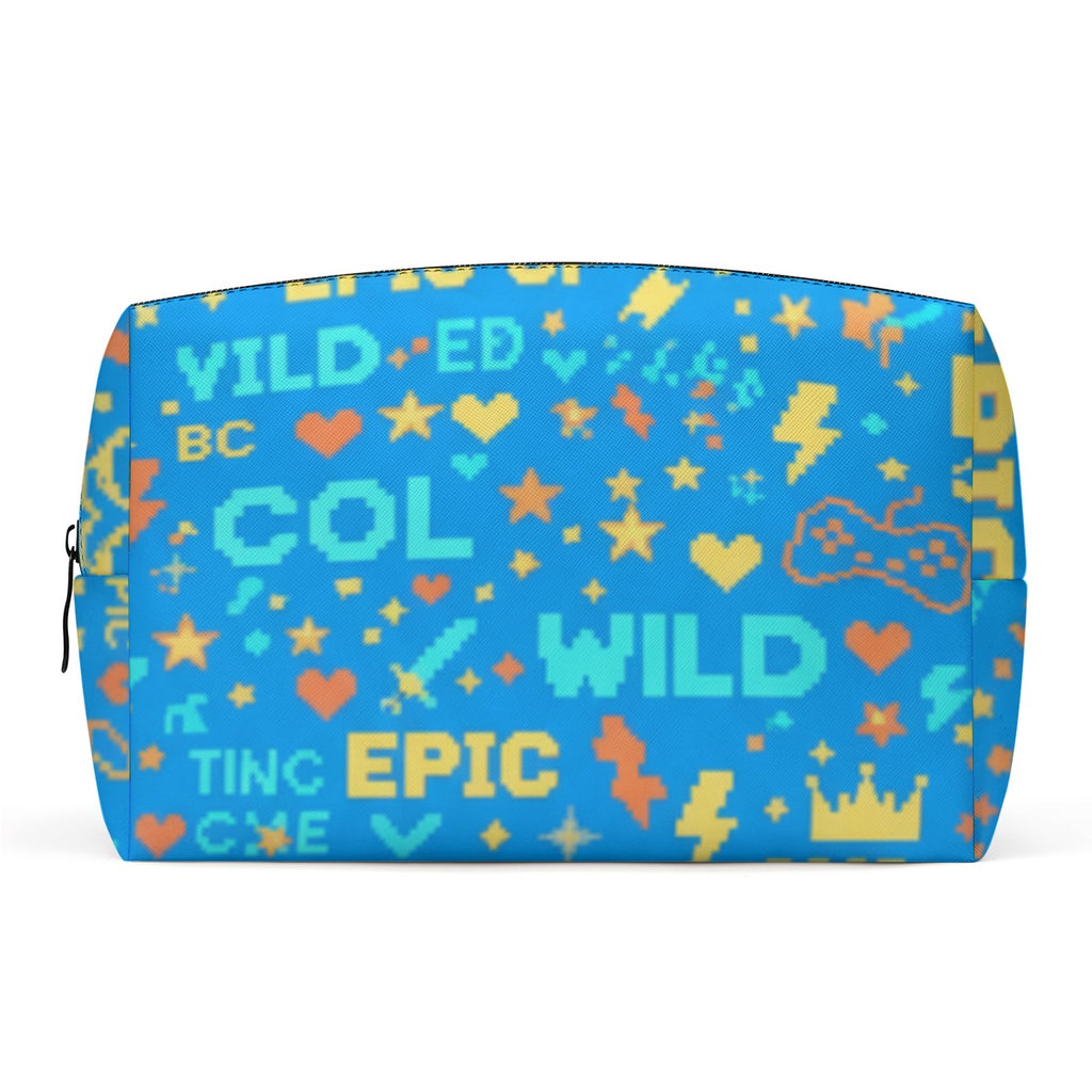 Astuccio cosmetici in PU blu con zip e fantasia gaming multicolore