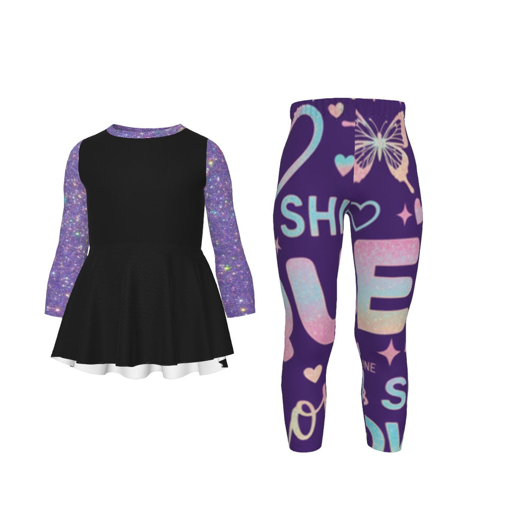 Tuta bambina con vestitino nero e leggings viola fantasia, maniche viola glitter