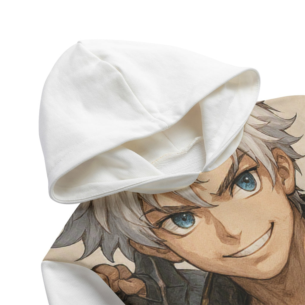 Felpa con cappuccio bianca per bambino con stampa volto anime sul davanti