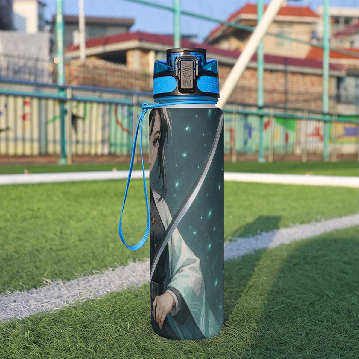 Borraccia sportiva 32 oz con tappo blu e tracolla, bottiglia trasparente
