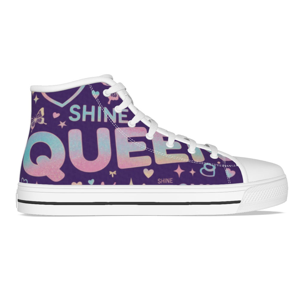 Scarpe canvas bambina alte viola con lacci bianchi e suola bianca nera.