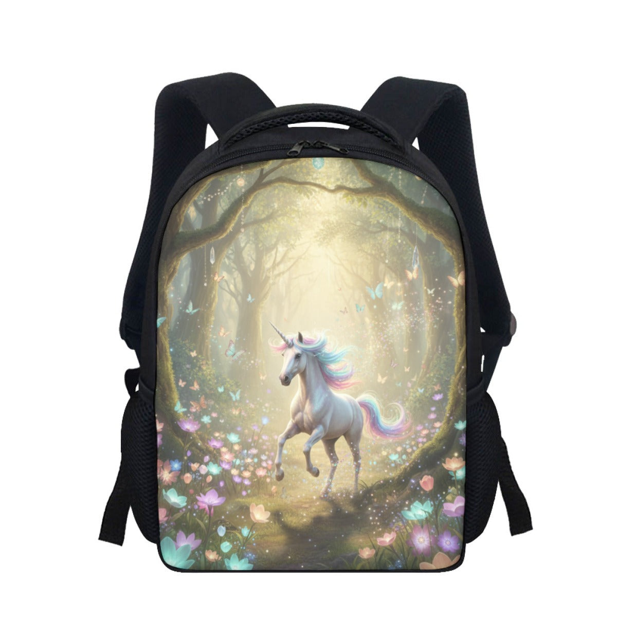 Zaino per studenti nero con stampa unicorno e spallacci imbottiti