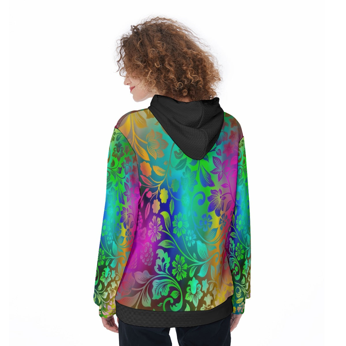 Felpa con cappuccio da donna fantasia floreale multicolor, retro con cappuccio nero