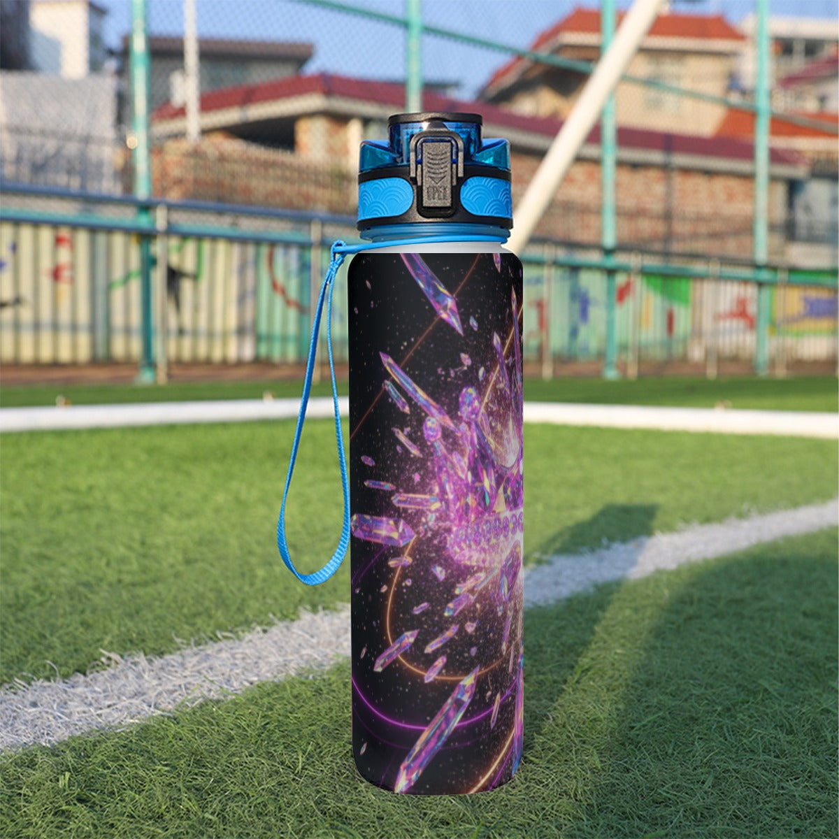Borraccia sportiva 32 oz stampa galaxy viola con tappo blu e cinghia per trasporto.