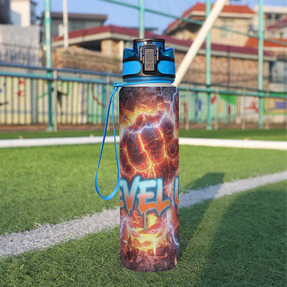 Borraccia sportiva 32oz con cappuccio blu, motivo multicolore e cordino