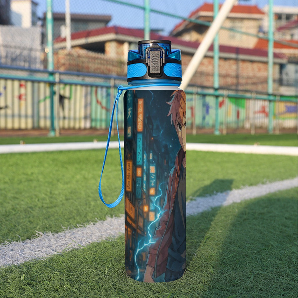 Borraccia sportiva 32oz blu con tappo e stampa anime sul retro