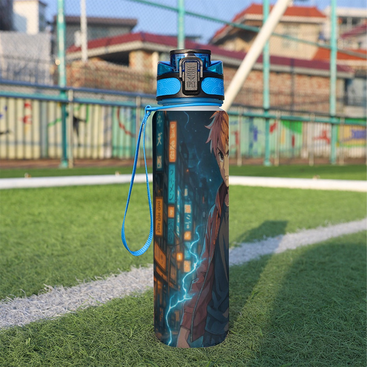 Borraccia sportiva 32oz blu con tappo e stampa anime sul retro