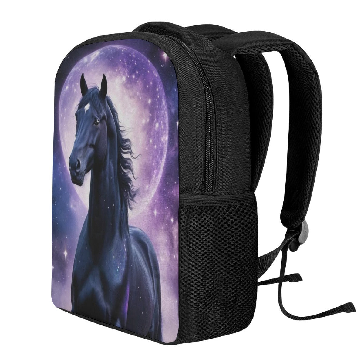 Zaino per studenti nero con stampa cavallo e stelle, maniglia e spallacci regolabili.