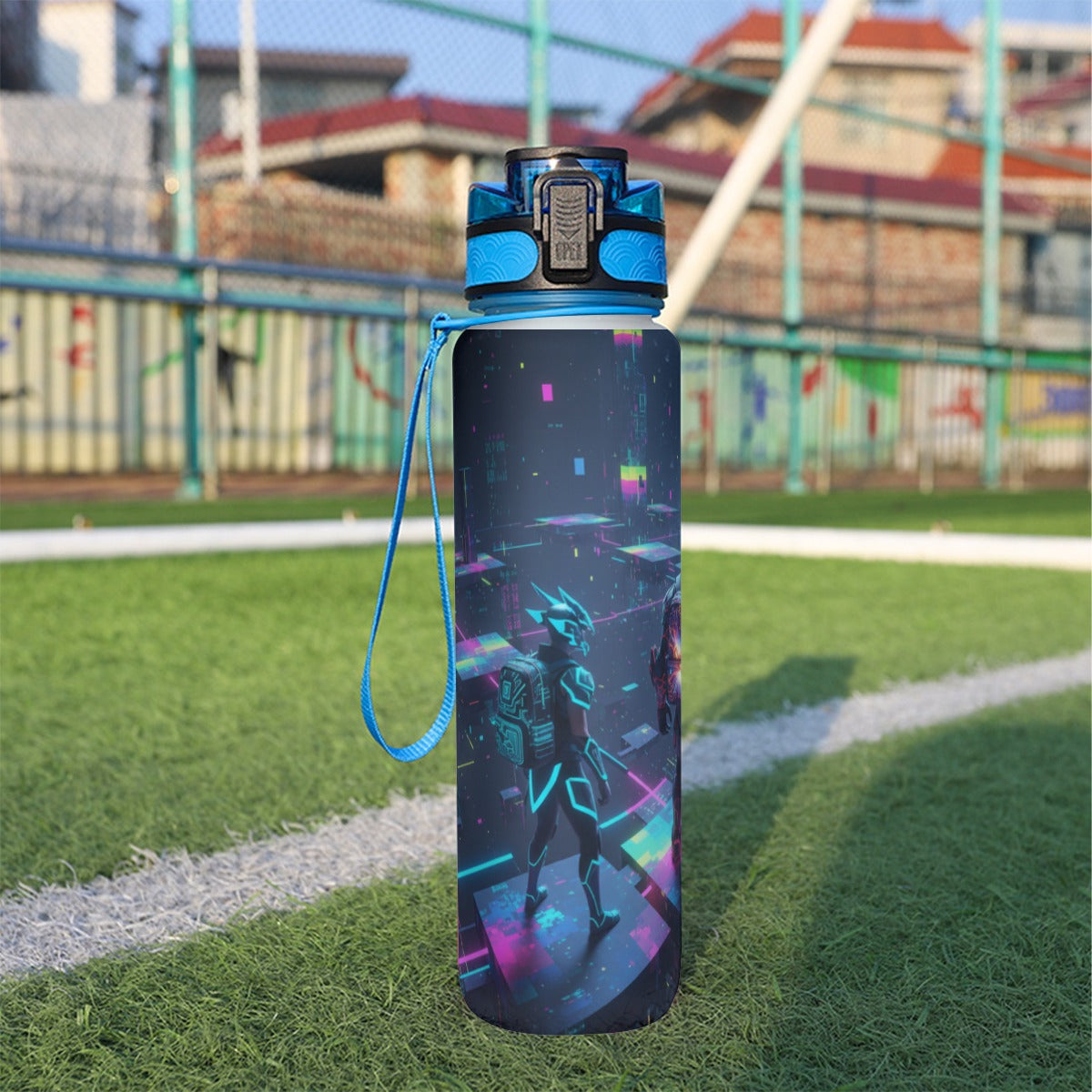 Borraccia sportiva 32oz blu scuro con grafica futuristica, tappo blu e cinturino