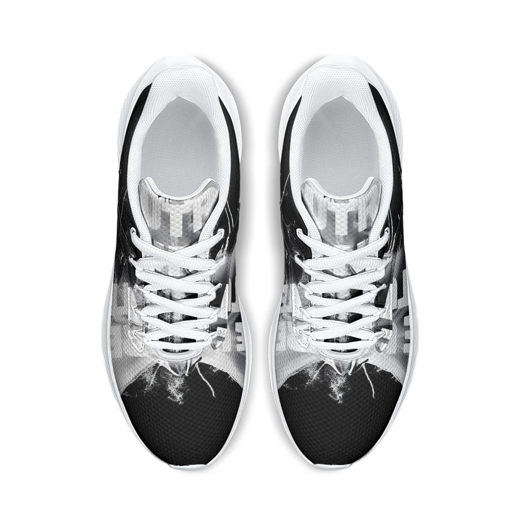 Scarpe running uomo Mod. 2 nere, fantasia grigia e lacci bianchi, suola bianca