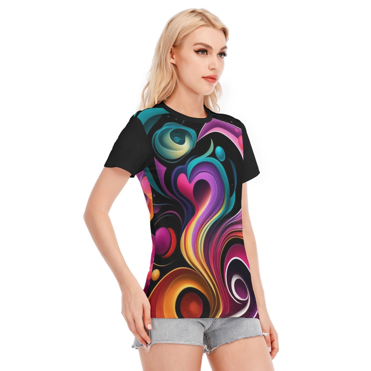 T-shirt donna nera con stampa astratta multicolore vista laterale, maniche corte