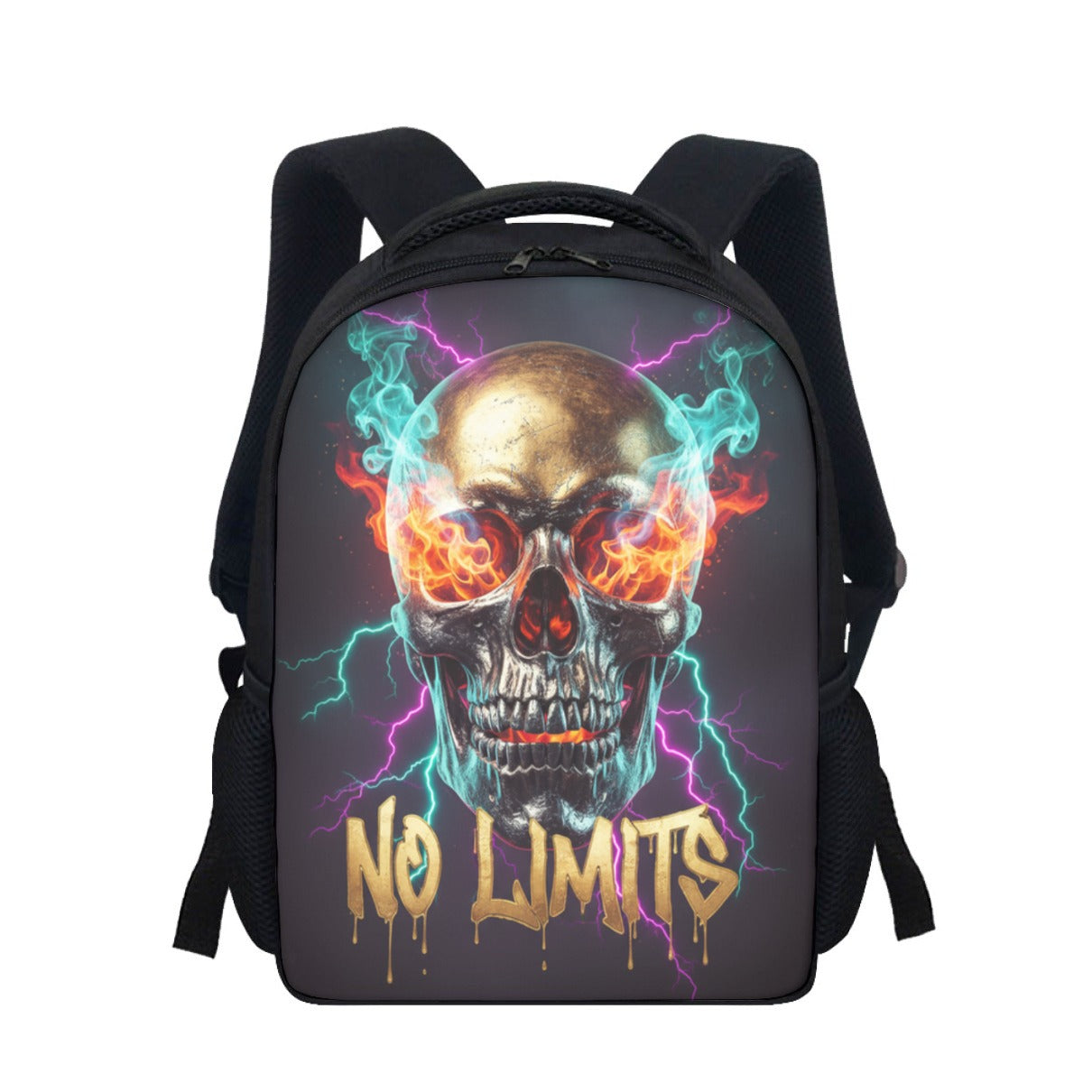 Zaino per studenti nero con grafica teschio e scritta “No Limits” davanti, spallacci.